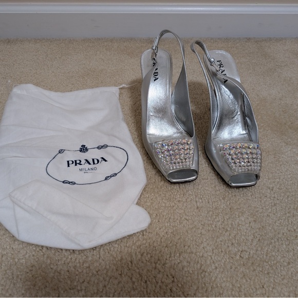 Prada silver leathers size 8 sling back heel with rhinestone embelishment. - Picture 4 of 13